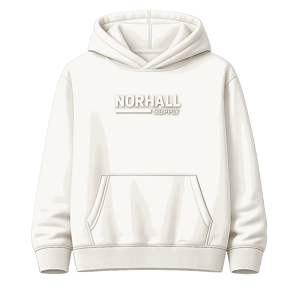 Norhall Supply premium streetwear, front view, showing the branding components listed beside it.