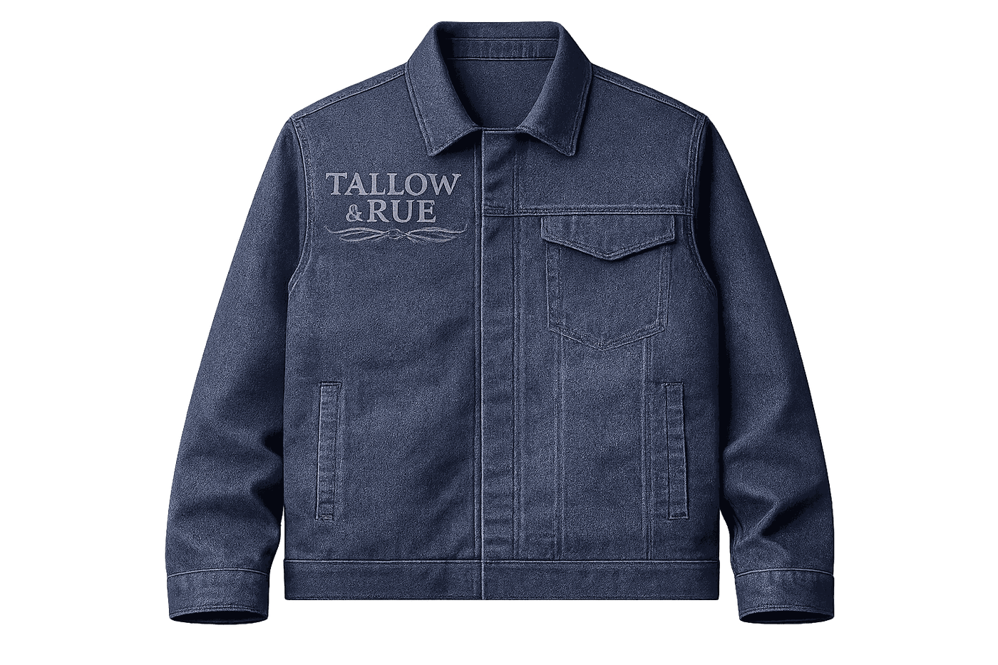 Tallow & Rue contemporary denim, jacket front, showing the branding components listed beside it.