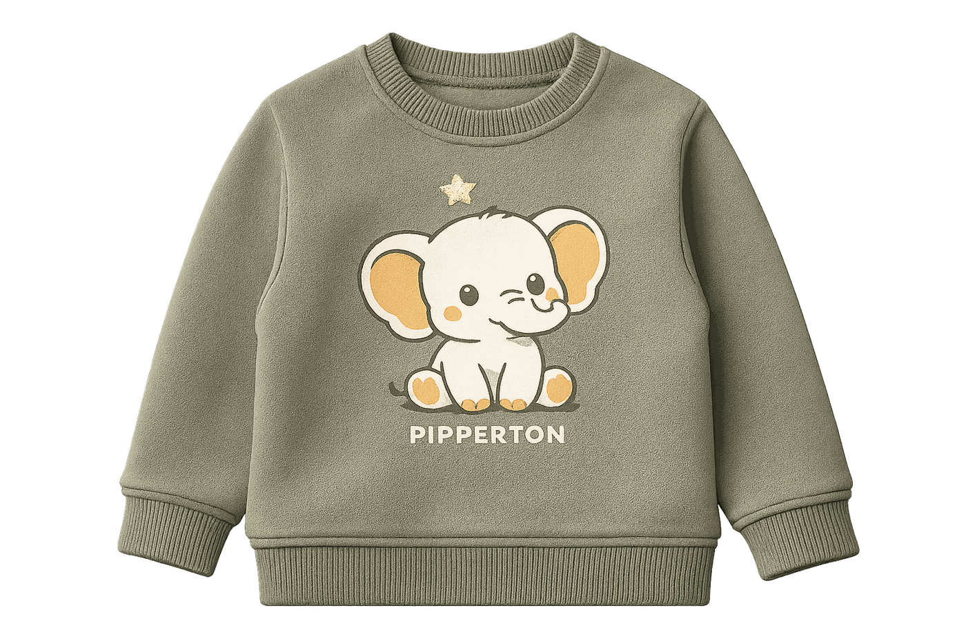 Pipperton premium kidswear, garment front, showing the branding components listed beside it.