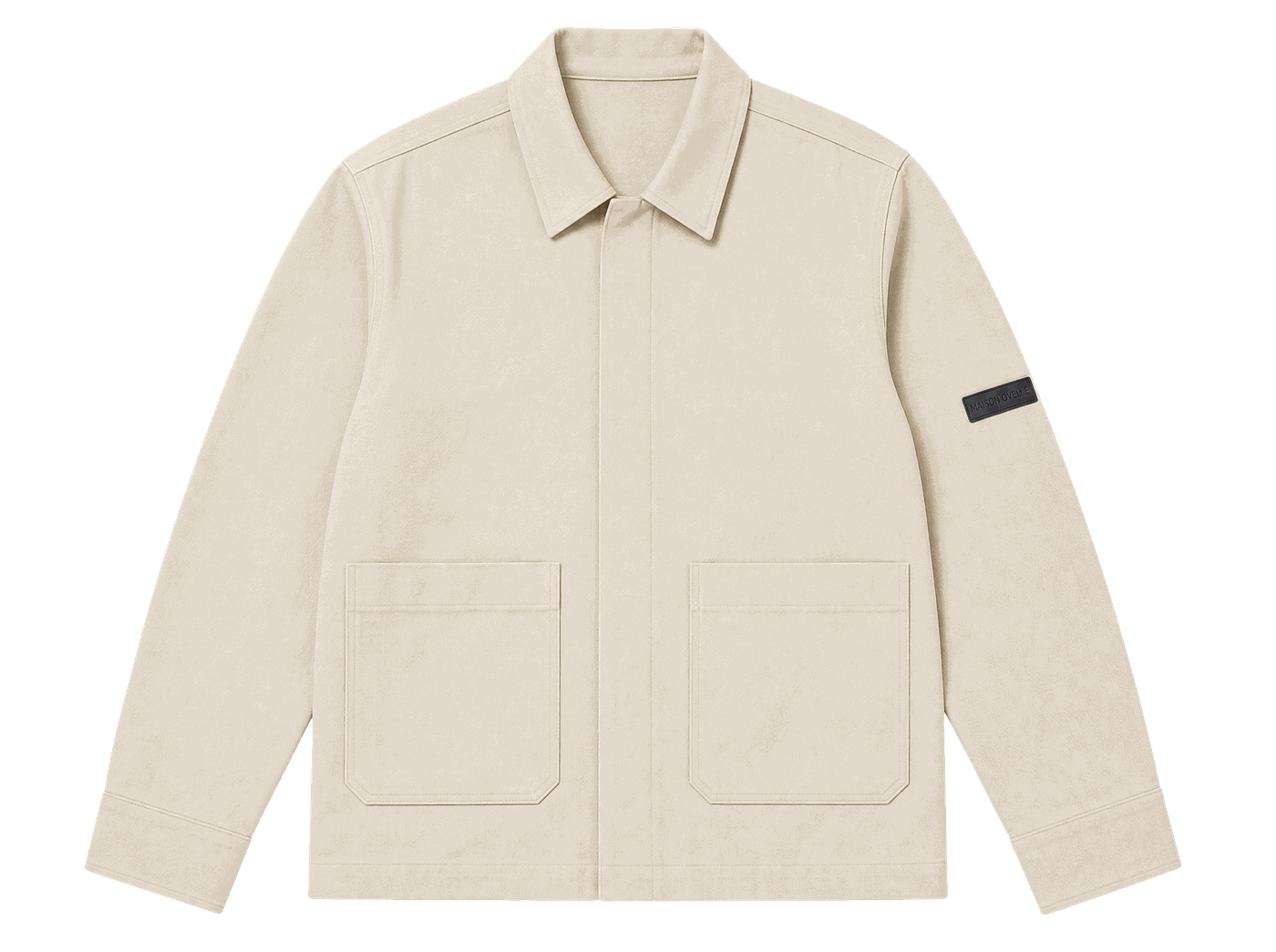 Maison Ovelle luxury fashion, garment front, showing the branding components listed beside it.
