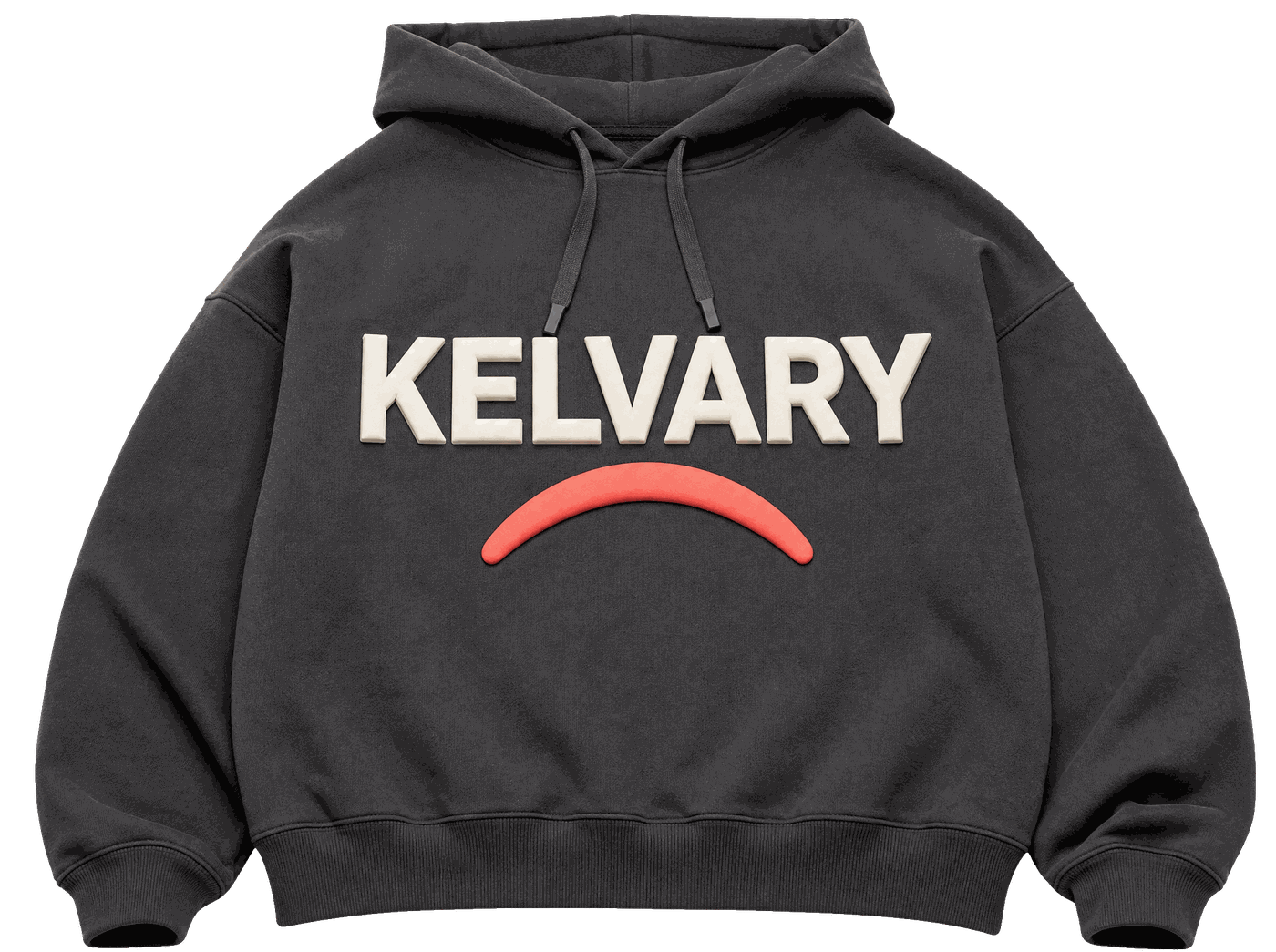 Kelvary Studio brand on demand™ starter, hoodie front, showing the branding components listed beside it.