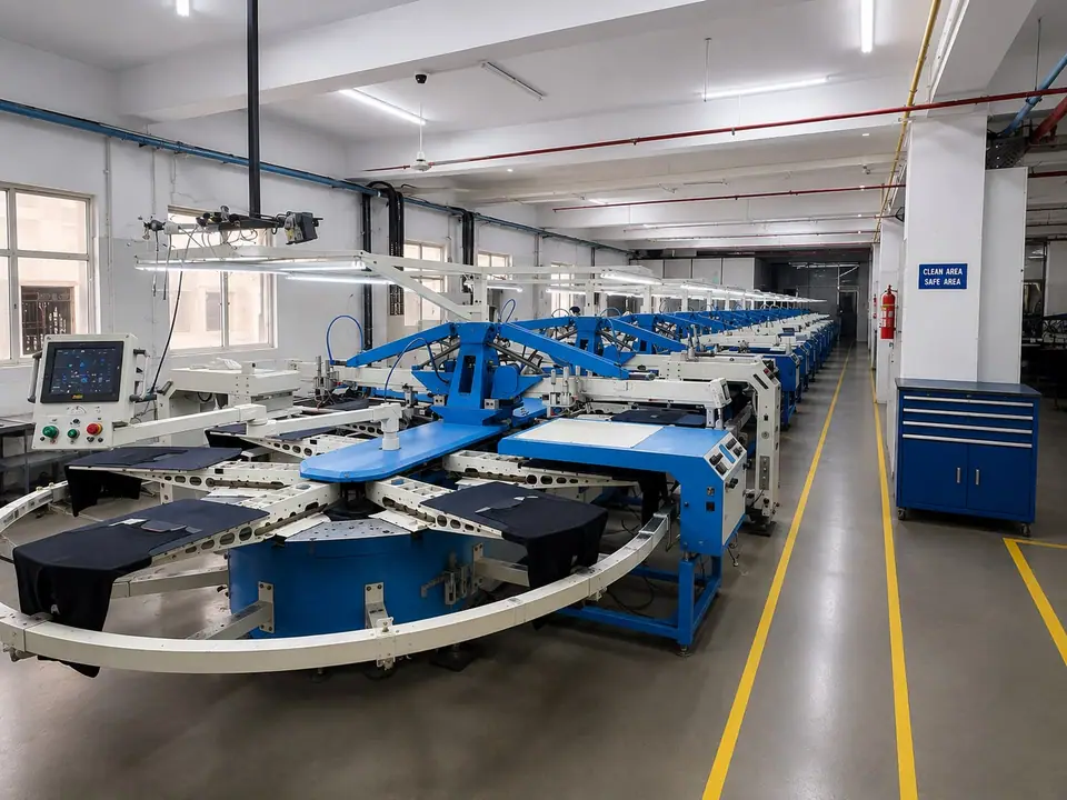 Automatic screen-printing carousel on the production floor