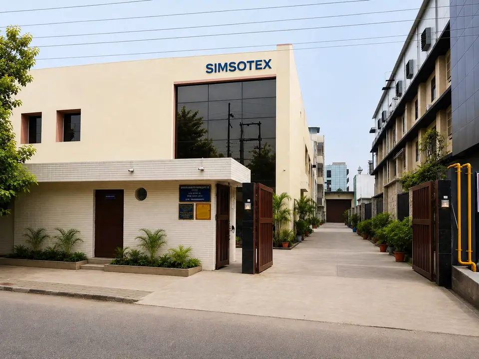 Simsotex facility exterior with rooftop signage in Noida