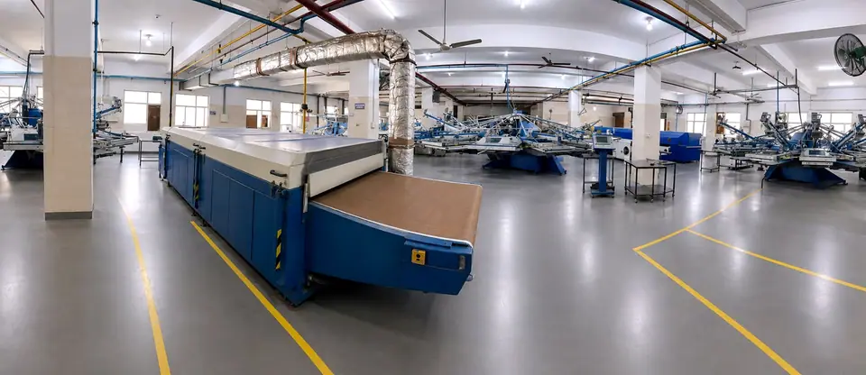 Wide view of the Simsotex screen-printing floor with automated print and curing lines
