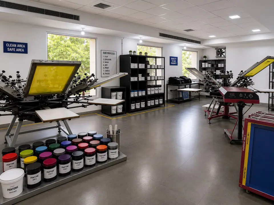 Sampling studio with manual carousel press and ink shelving