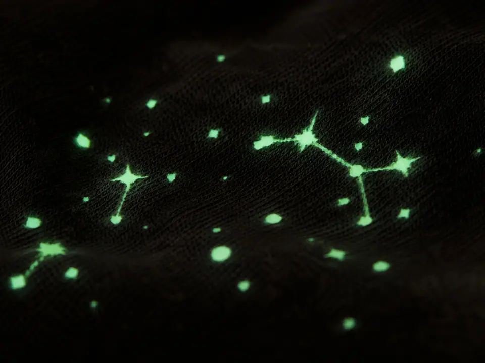 Photoluminescent print glowing pale green in low light
