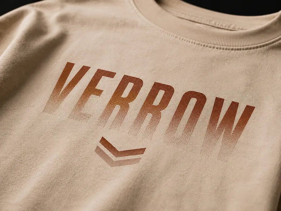 Close macro of a halftone gradient screen print fading from deep rust to pale bone across a washed sand cotton panel, with the dot structure visible at the fade.