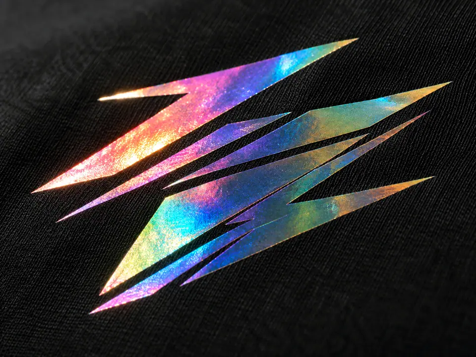 Holographic foil print throwing prismatic reflections