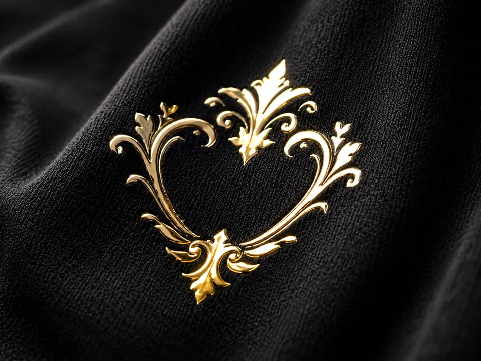 Mirror-bright metallic foil crest on near-black fabric