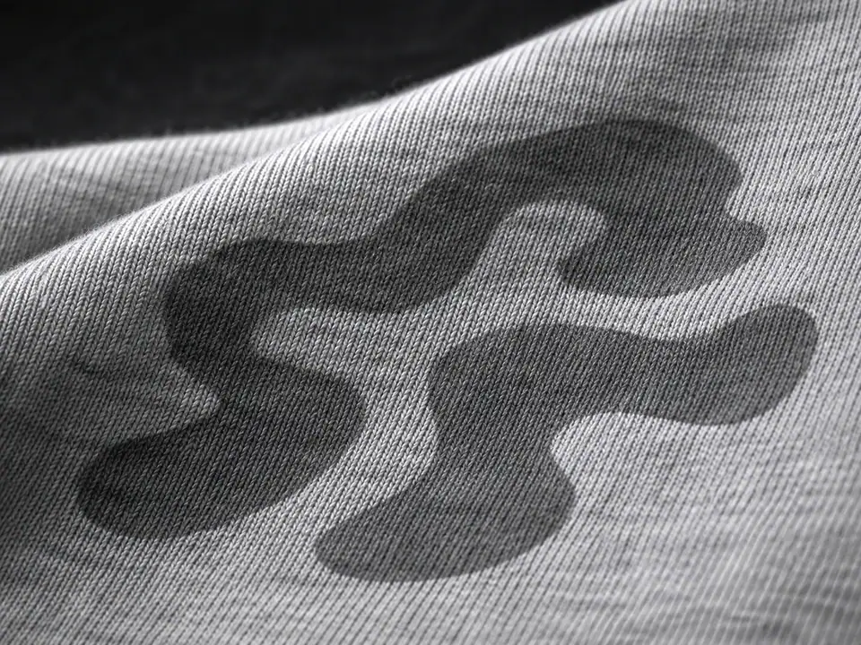 Water-based print sunk into the jersey with the weave showing through