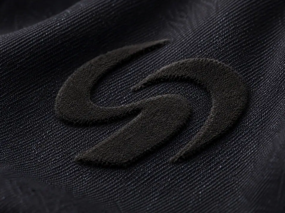 Velvet flock emblem with plush raised pile on dark denim