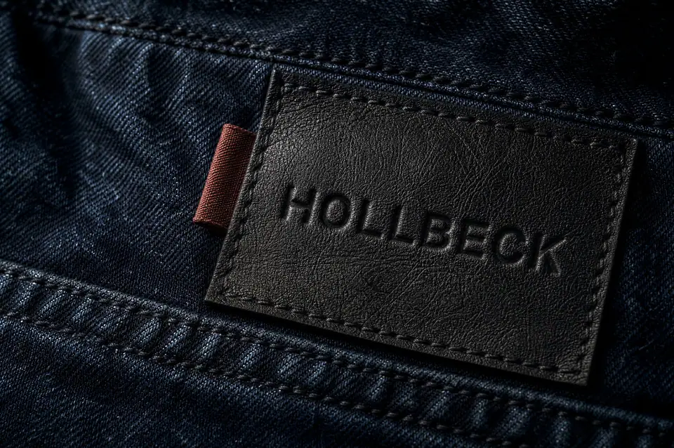 Macro of indigo denim: a stitched leather-look badge with a debossed brand mark read by shadow, beside a folded woven flag tab