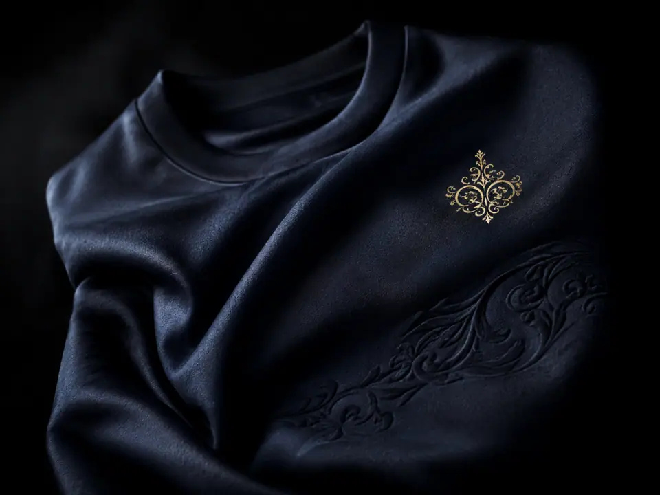 Midnight silk-blend garment with a metallic gold crest and an embossed panel