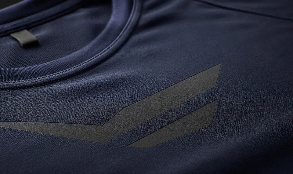 Thin matte heat-transfer graphic pressed flush onto a navy technical running top with a soft size tab at the neck