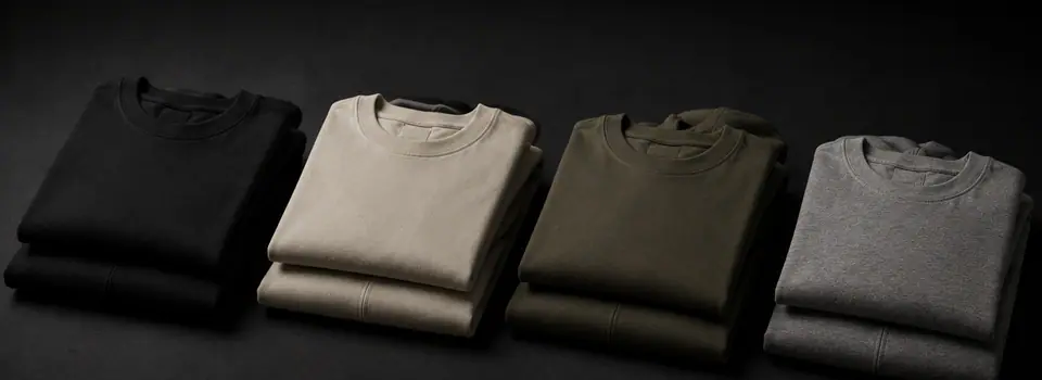 Four folded blank sweatshirts in black, sand, olive and grey