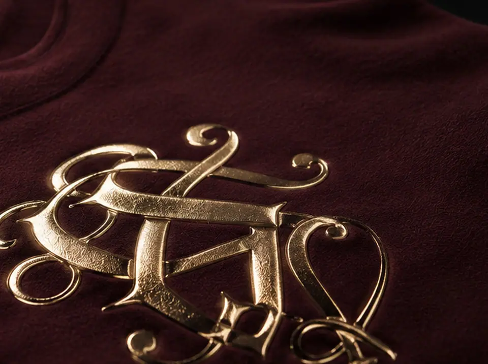 Folded burgundy sweatshirt carrying a metallic gold chest emblem