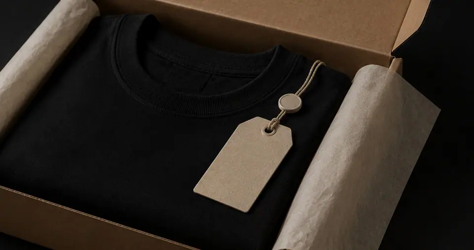 Finished black tee packed in a kraft box with tissue and a fabric hangtag