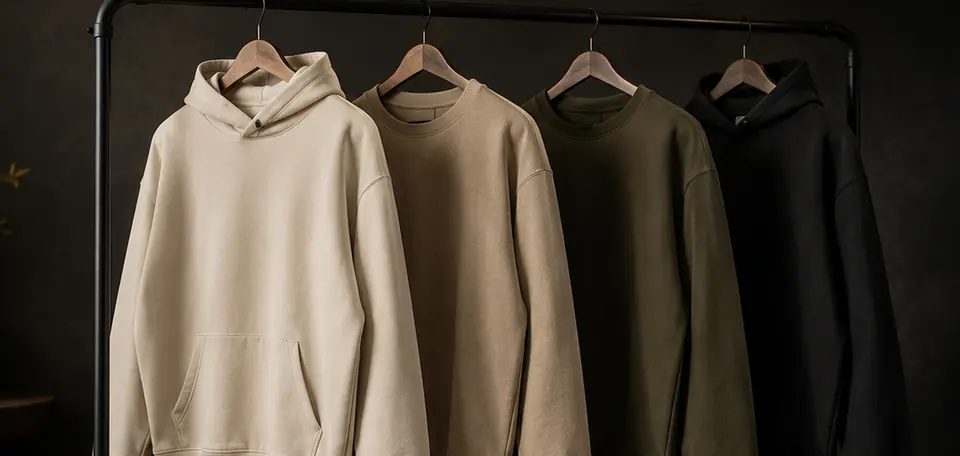 Rail of blank premium hoodies and sweatshirts in bone, sand, olive and black
