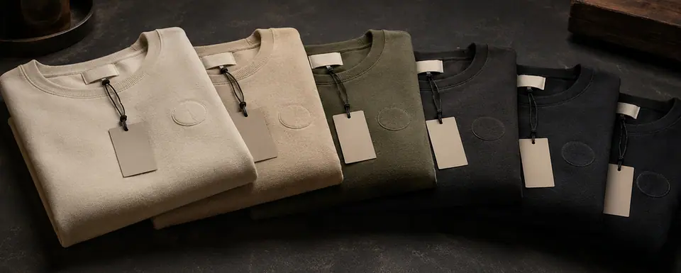 Finished production run of branded sweatshirts folded and fanned out, each with a tonal chest emblem and a hangtag