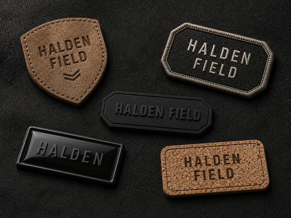 Five branded badges on dark textile: a debossed suede shield, an embroidered patch with a merrowed edge, a moulded silicone badge, a glossy TPU welded badge and a laser marked cork patch, each carrying a readable brand name