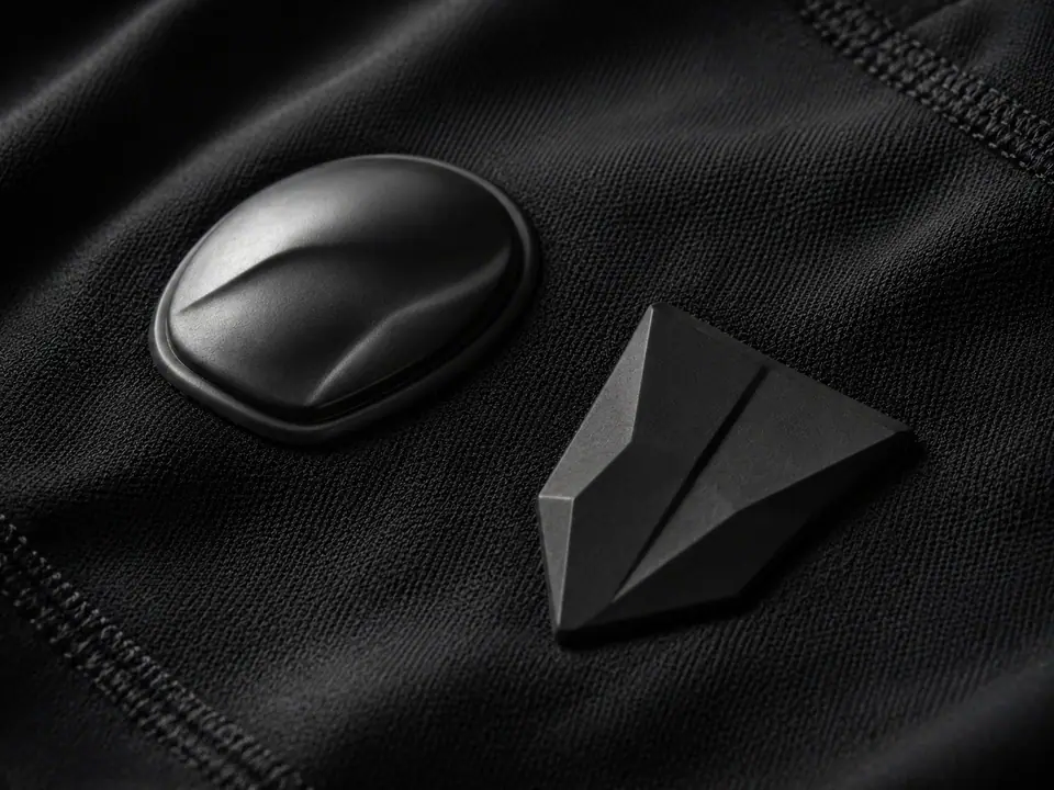 Two dimensional emblems on stretch fabric - a smooth domed profile beside a sharp faceted form