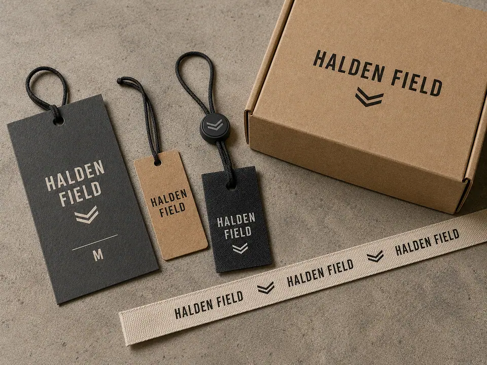 Branded board and fabric hangtags on cords with a moulded tag seal, a printed cotton tape and a kraft folding box, every item carrying a readable brand name