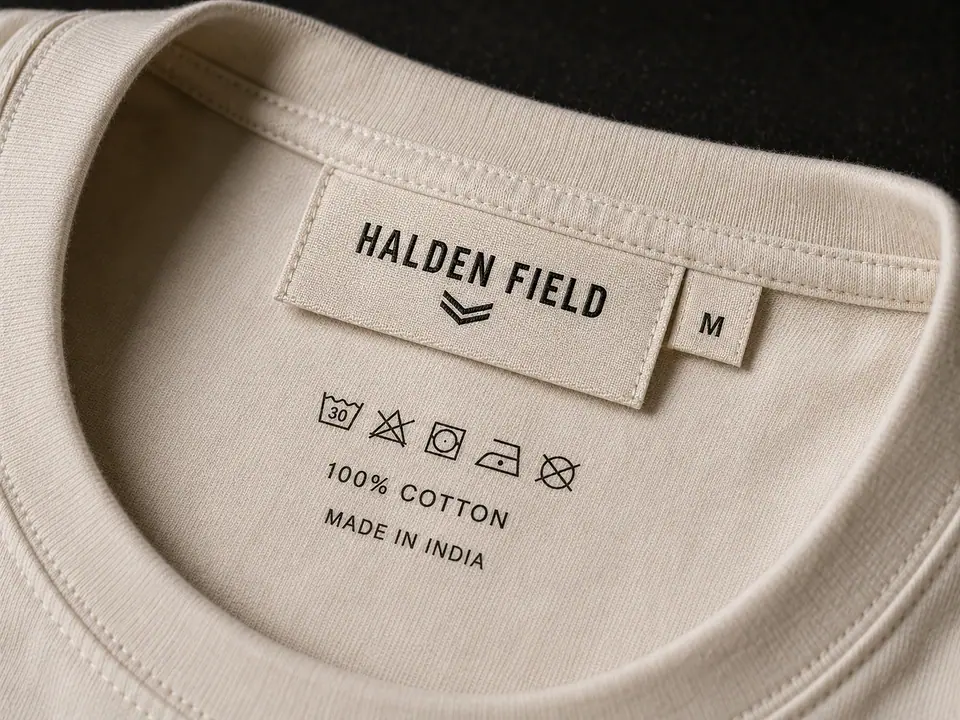 Woven main label reading a brand name with a size tab and a printed care label showing wash symbols, fibre content and country of origin, stitched at the inside back neck of an off-white T-shirt