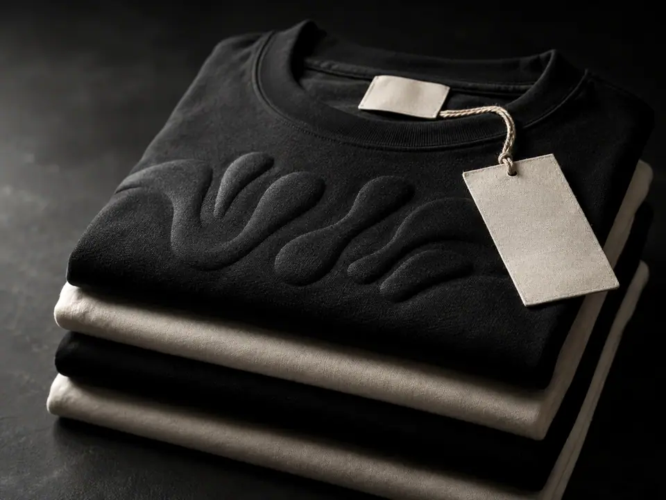 Folded finished garments with a raised chest print, woven label and hangtag