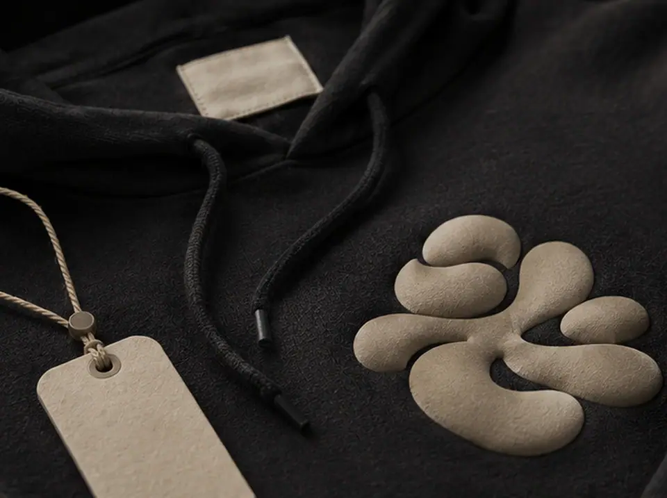 Coordinated branding on one garment - raised applique, collar label, tipped drawcords and hangtag