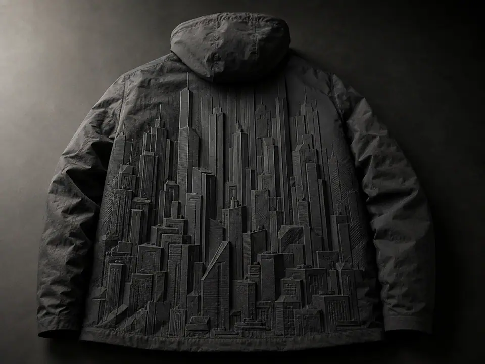 Raised dimensional print across the full back panel of an outerwear jacket