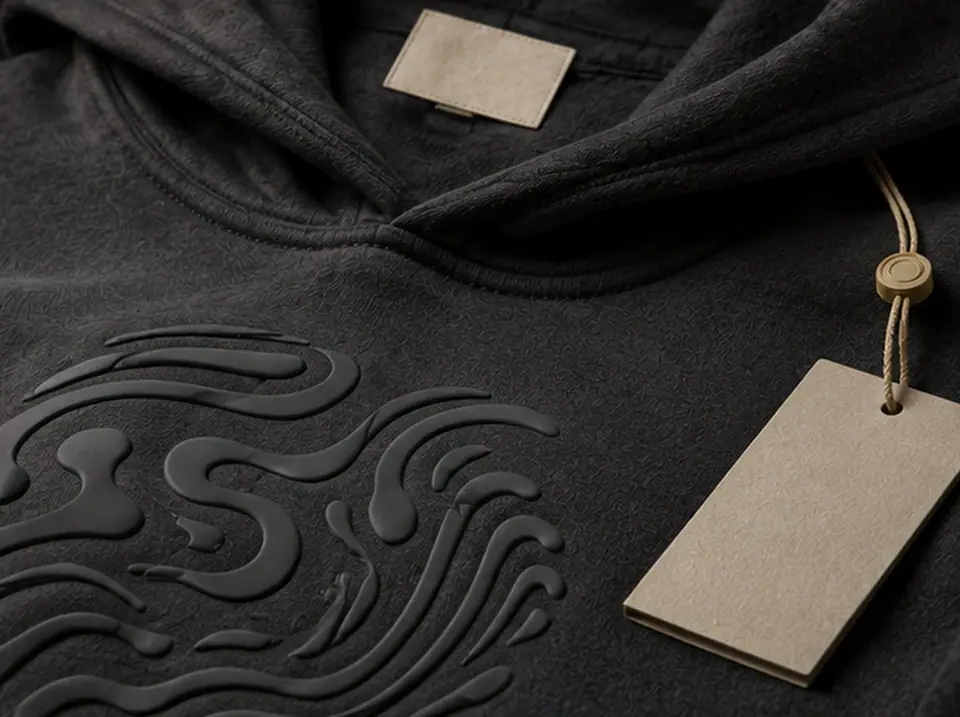 Woven collar label and matching fabric hangtag on a charcoal hooded garment