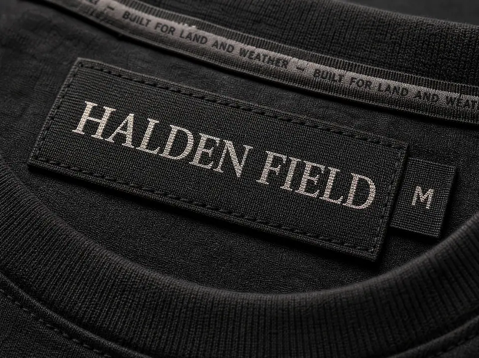 Woven main label reading HALDEN FIELD in bone thread on charcoal, stitched inside a collar beside a woven size tab, with a printed neck tape behind