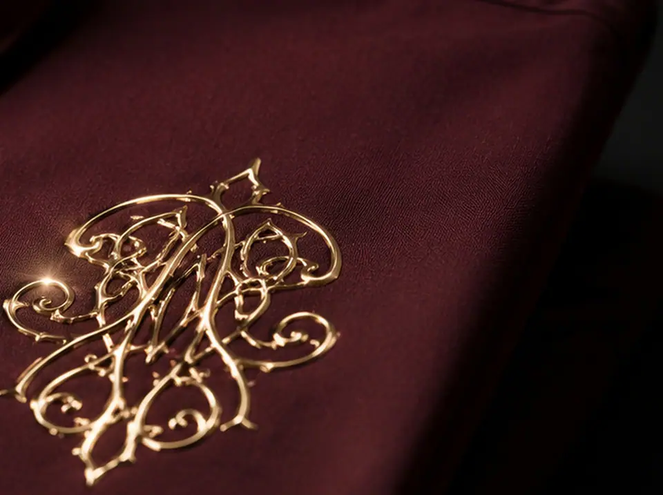 Raking-light detail of a metallic gold monogram showing its print relief