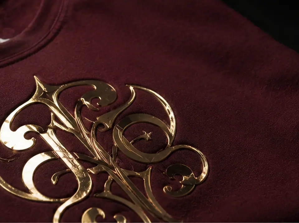 Ornate metallic gold monogram raised on a folded burgundy knit