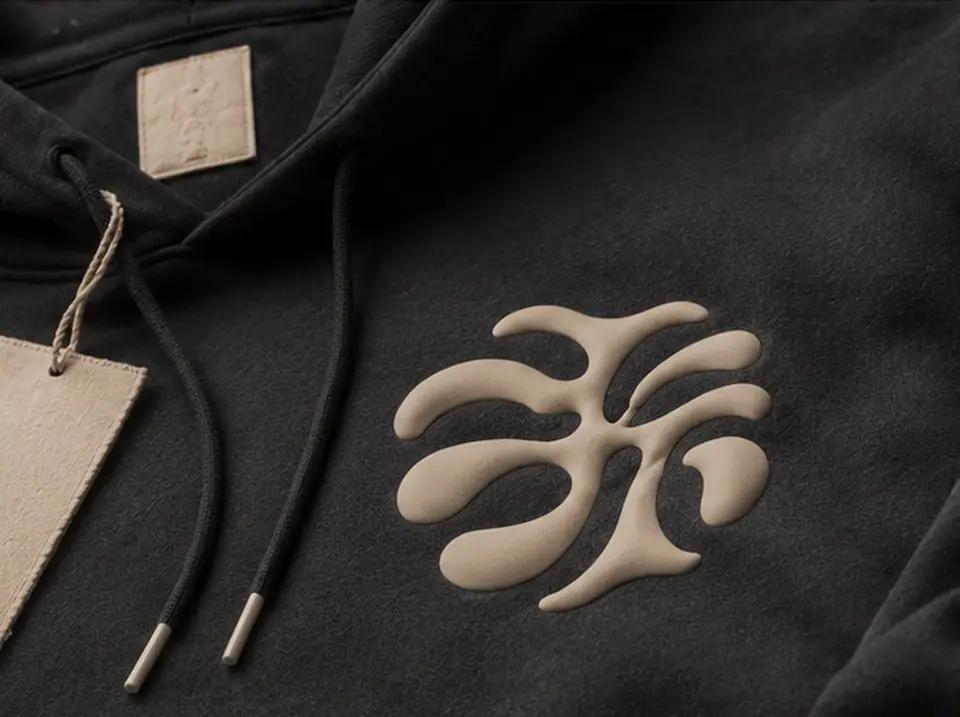 Charcoal hoodie carrying a raised emblem, woven collar label and fabric hangtag together
