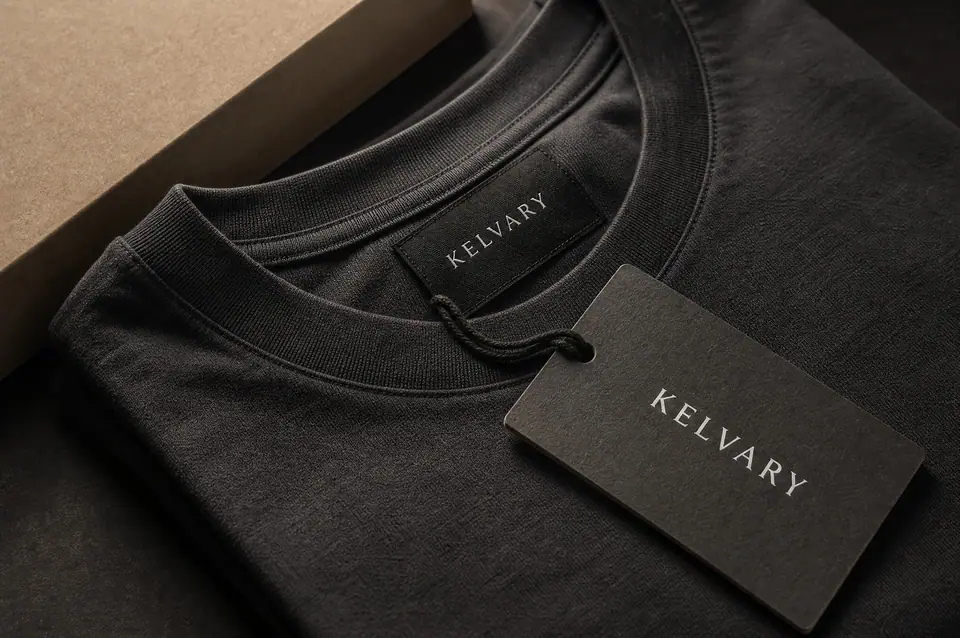 Macro of a folded charcoal tee with a woven KELVARY collar label and a printed board hangtag on a cotton cord