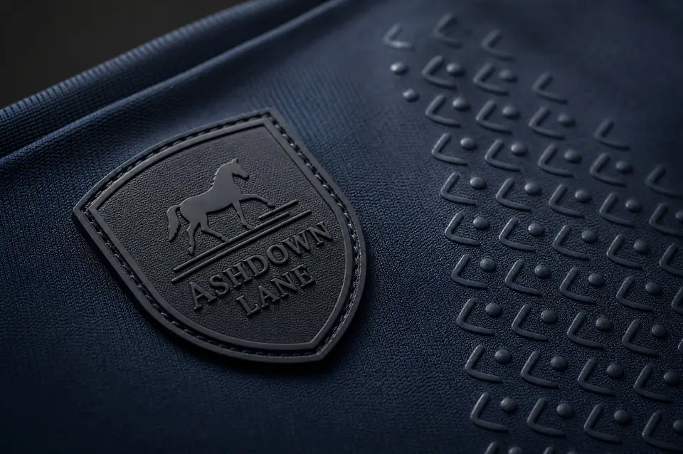 Macro of navy riding fabric: a dense moulded rubber ASHDOWN LANE shield badge beside a tonal silicone grip texture