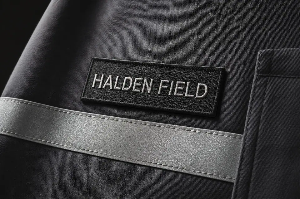 Macro of a slate work jacket chest panel: a woven HALDEN FIELD identity patch stitched flat above a silver reflective tape band