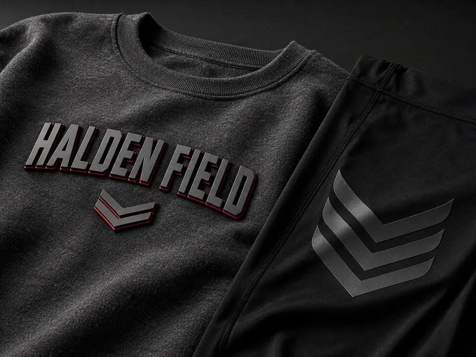 A high density chest print standing proud of a heather grey sweatshirt with a fine contrasting outline edge wall, beside a tonal silicone graphic on a black stretch performance panel.