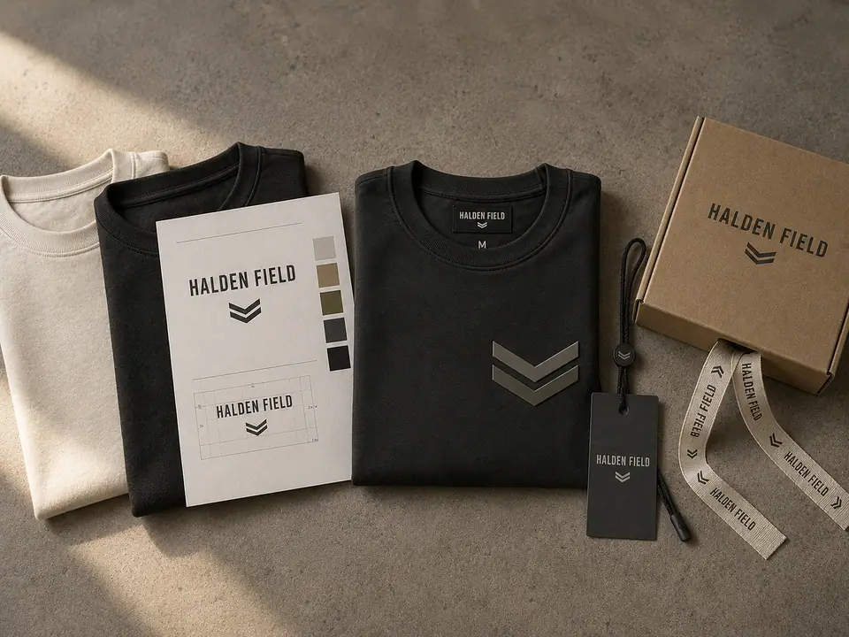 A brand launch laid out overhead: blank garments, an artwork sheet with colour swatches, a finished decorated garment with woven neck label and printed size transfer, a hangtag on a silicone-dipped cord and retail packaging.