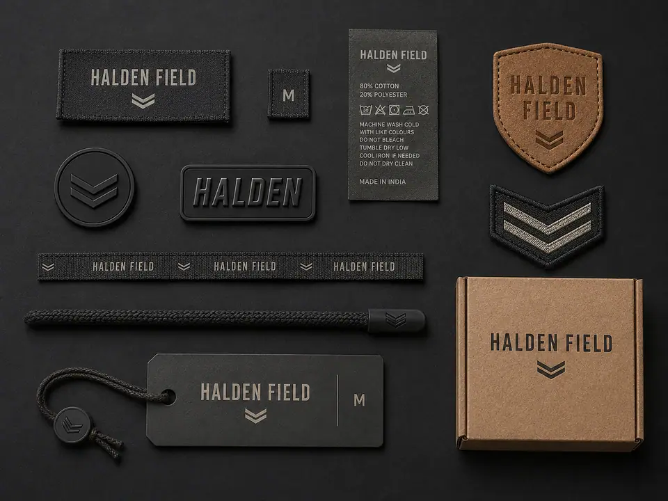A branding sample board laid out on charcoal: woven main label and size tab, printed care label, suede shield patch, silicone badge, welded badge, embroidered patch, printed elastic tape, silicone-dipped cord, hangtag with tag seal and a kraft folding box.