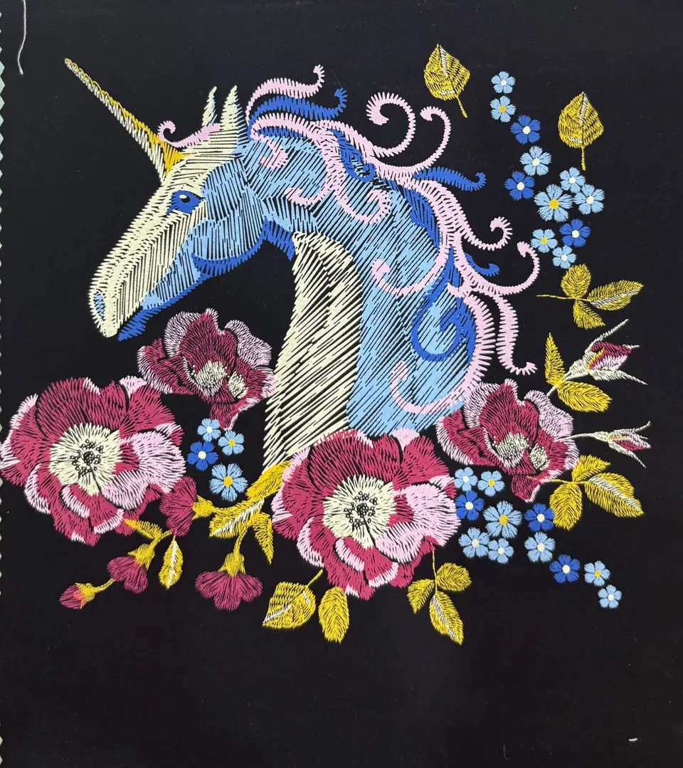 Multicolour unicorn artwork with embroidered-effect print