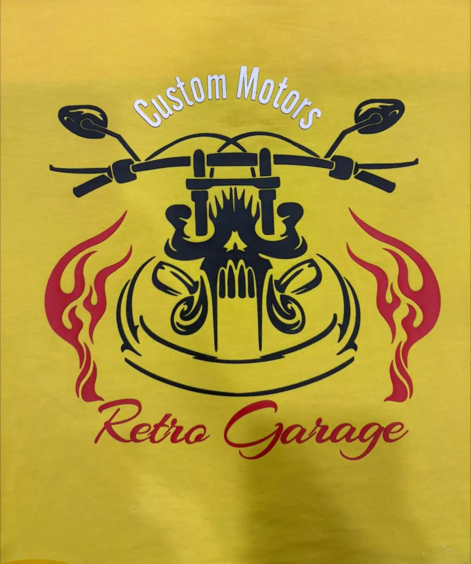 Two-colour retro graphic print on mustard fabric